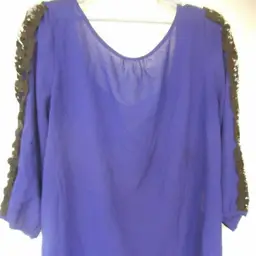 Blue Sheer Womens top Size L Lace sleeve accent bow on back blouse boat neck
