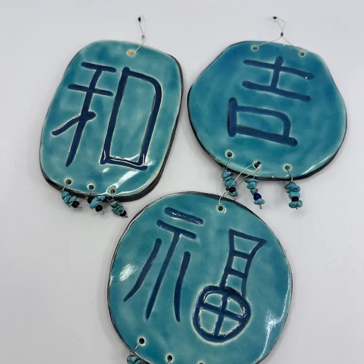 Japanese Inspired Ceramic Wall Hangings With Turquoise Beads Set/3
