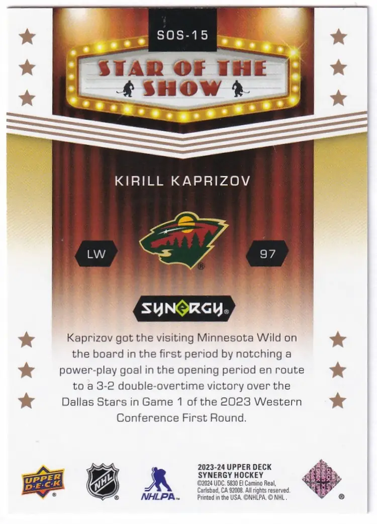 2023-24 Synergy Star Of The Show #SOS15 Kirill Kaprizov Minnesota Wild Hockey Card