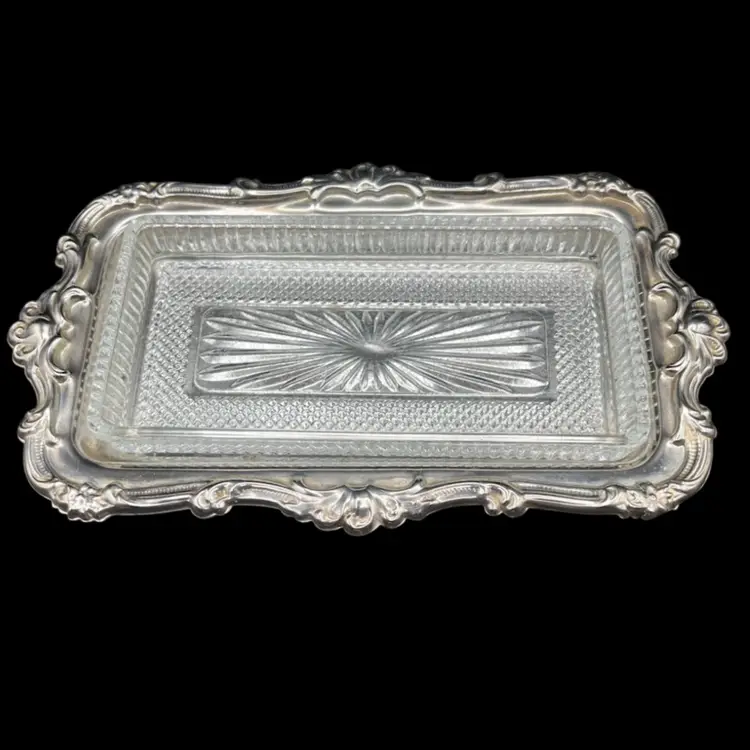 #242B Vintage Fancy/Ornate Silverplate EP On Steel & Removable Cut Glass Butter/Relish Dish Made In Hong Kong