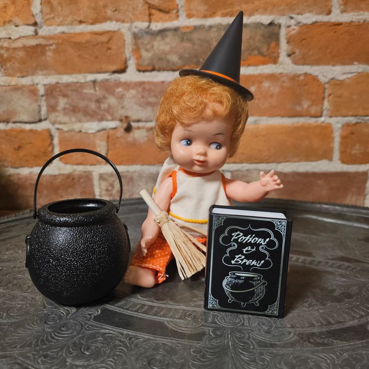 Vintage 1960s Hong Kong Witch Doll 8” Orange Polka Dot Pants, Apron, Hat, Broom & Cauldron | Halloween Display Doll