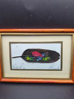 Hand-Painted Feather Art Costa Rica Red Frog Framed 6.5x4.5 Signed Jose Garro