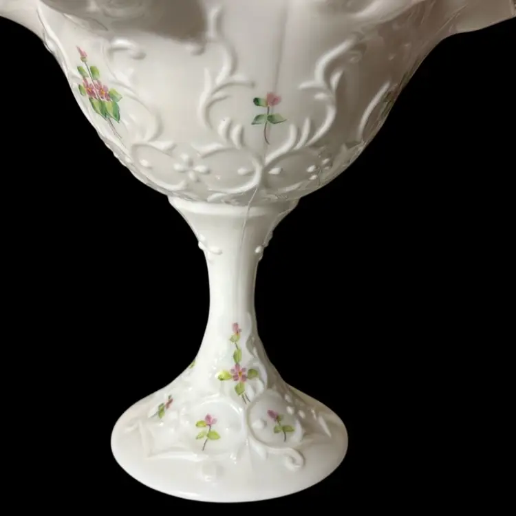 Silvercrest Spanish Lace Violets In Snow Fenton Milk Glass Hand Painted Signed Compote - 7” Tall