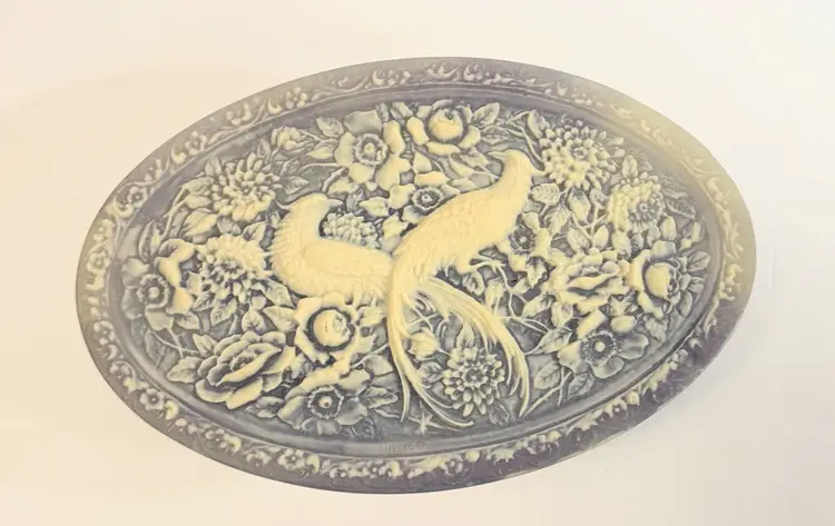 Genuine Incolay Stone Peacocks Purple & White Cameo Jewelry Trinket Box ~ 10x7"