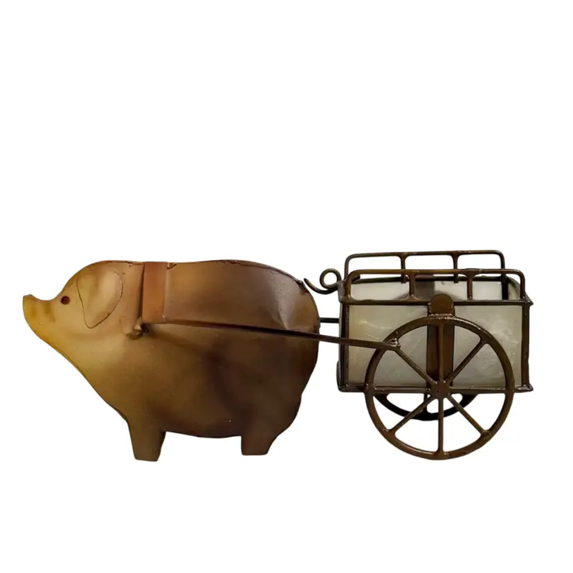 Enesco Tea Light Holder/Figurine Metal Pig, Pulling Cart Shades Of Tan & Brown 2000 Cottage Core Countryside
2-5/8” T x 6-1/2” L x 2-1/2” W