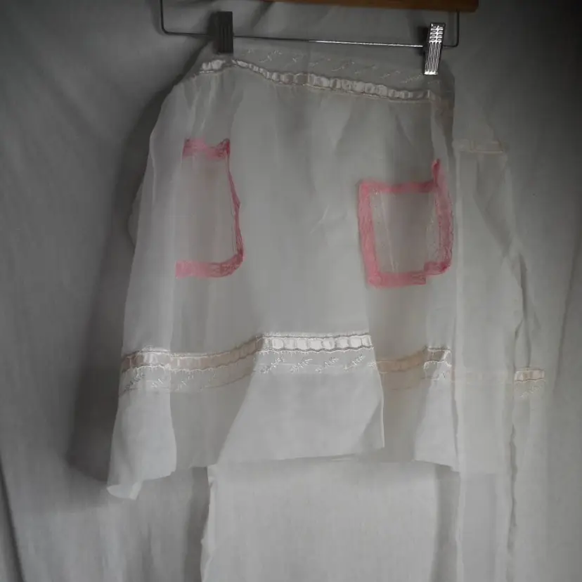 Vintage sheer pink white Half Apron Handmade Estate Find Gifting Bachelorette Wedding