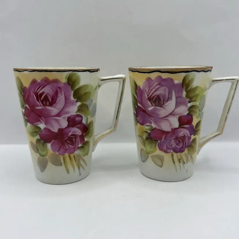 Vintage Hand Painted Nippon? Teacups Mugs Rose Floral Design 4”