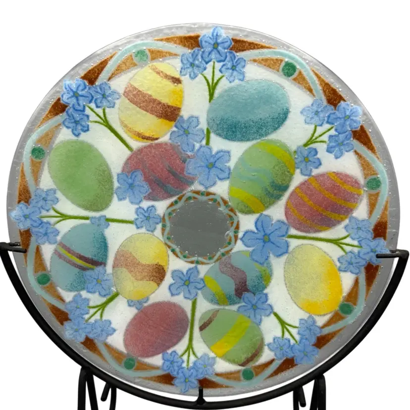 Peggy Karr Fused Glass 11” Easter Egg Spring Flower Plate Signed NO Stand