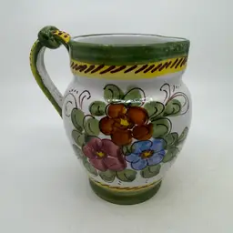 Vintage Hand Painted Italian Ceramic Pottery Pitcher Floral Folk Art Design Made In Italy For Bonwit-Teller Home Decor Or Functional Marked Made In Italy