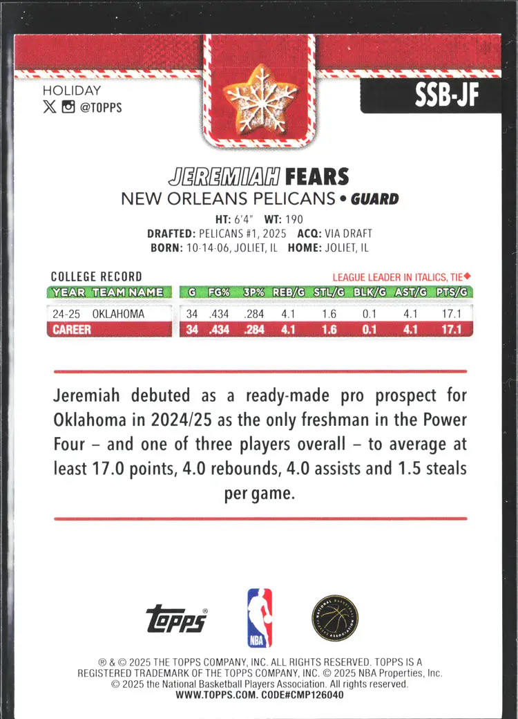 Jeremiah Fears Short Print Rookie Card 2025 Topps HOLIDAY New Orleans Pelicans SSP Holiday Back