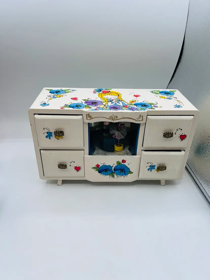 Vintage 70’s/80’s Floral Wind Up Music Jewelry Box Made in Japan Big Eye Girl