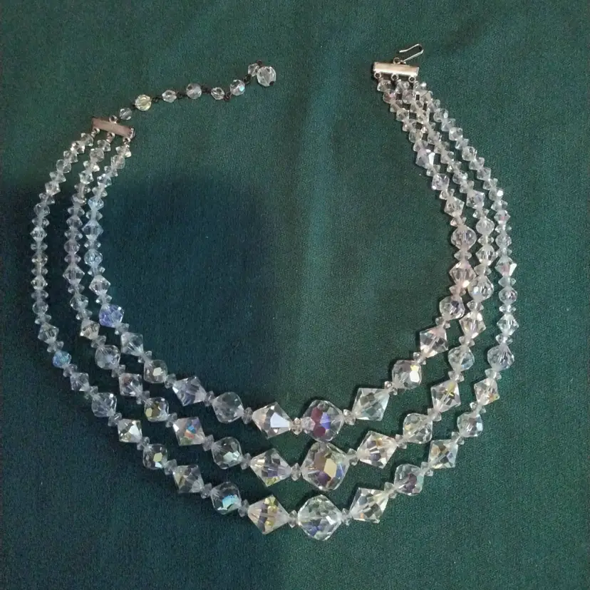 Aurora Borealis 3 Strand Glass Crystal Necklace Iridescent Faceted