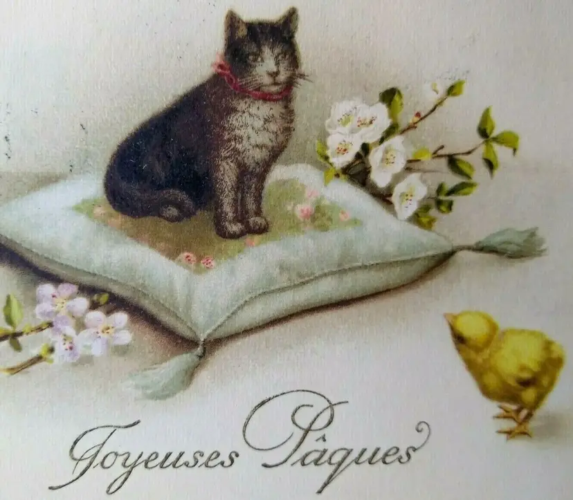 Easter Postcard Cat Seated On Pillow Baby Chick Joyeuses Paques 1923 Vintage