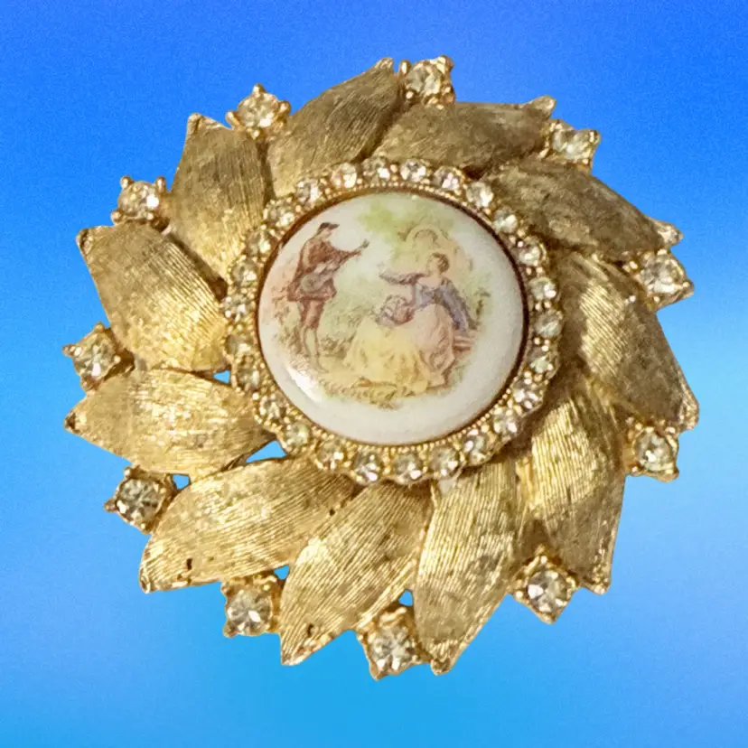 Vintage Porcelain Victorian Courting Couple Brushed Leaves Rhinestone Accent Goldtone Brooch