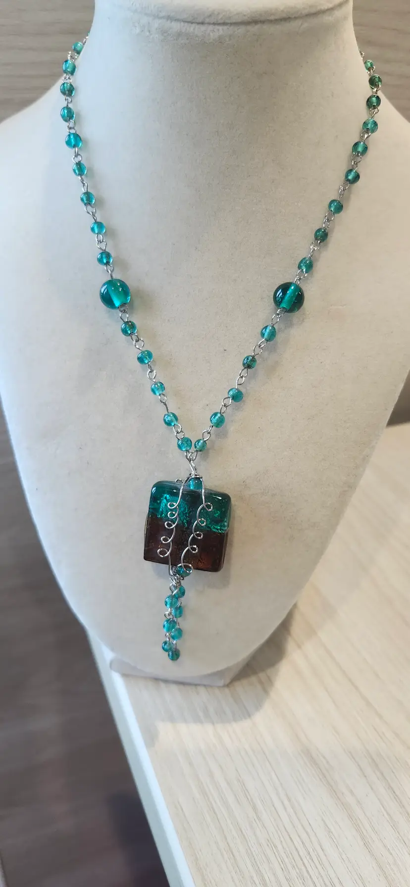 Turquoise Glass Bead Necklace with Square Pendant