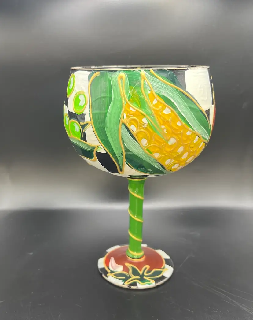 Hand Painted Wine Glass Vegetable Checker Board Design, Signed