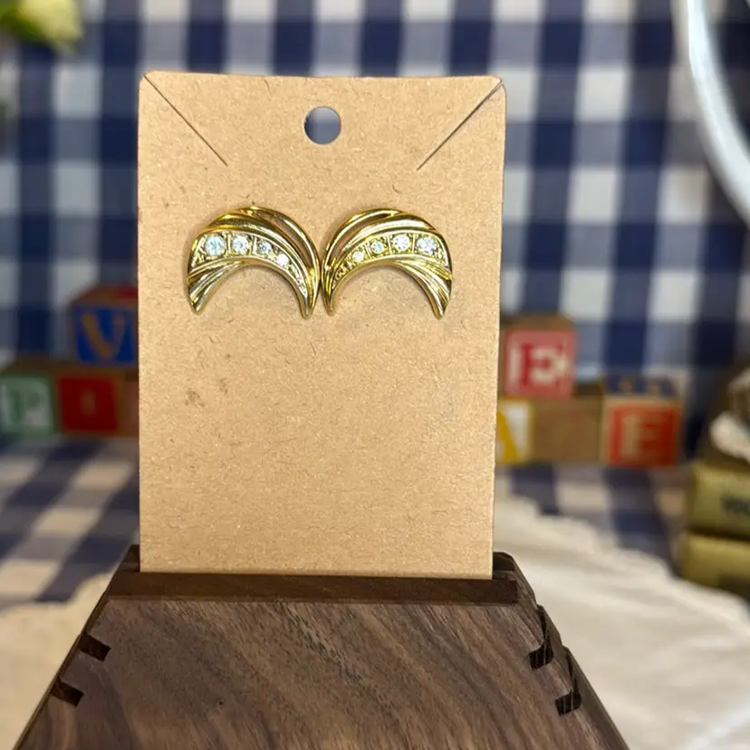Clear Rhinestone Crescent Gold-Tone Pierced Earrings - Vintage