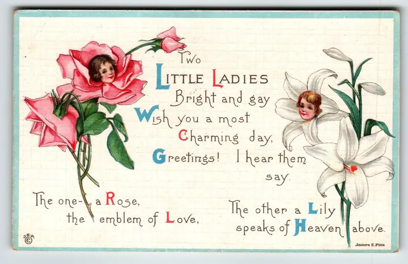 Flower Head Girls Postcard Fantasy Little Ladies Bright And Gay James E Pitts