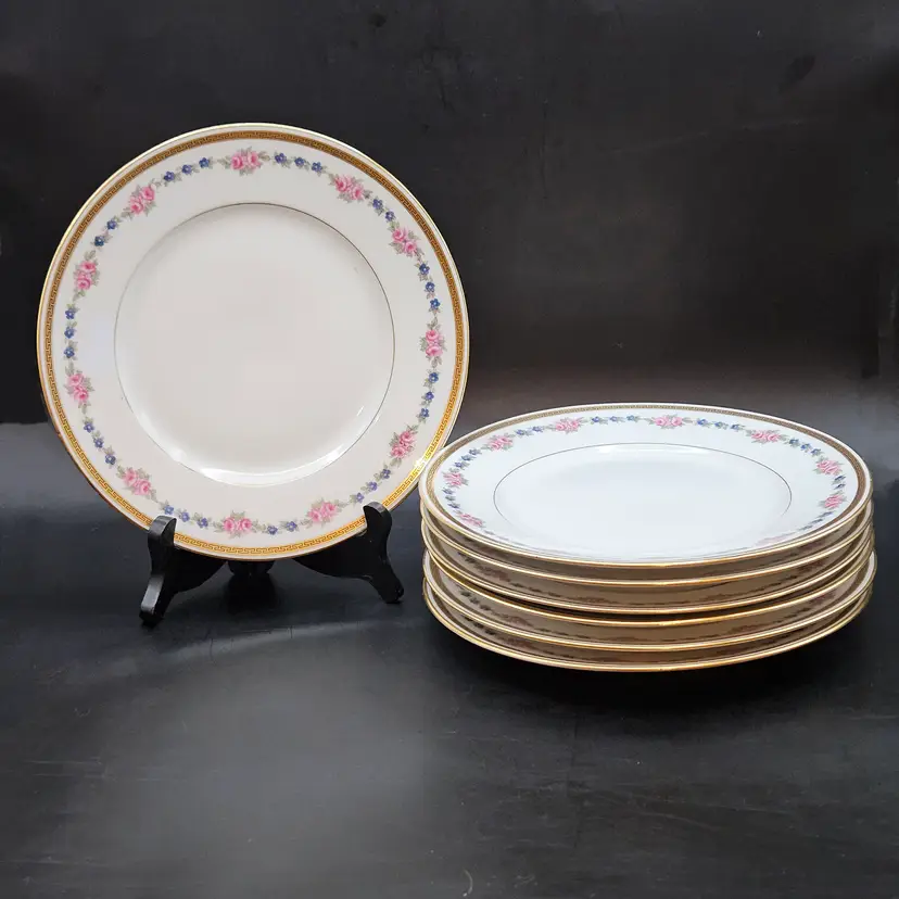 L. Bernardaud Limoges Lunch Dessert Plates Roses Forget-Me-Nots Set of 7 Pink