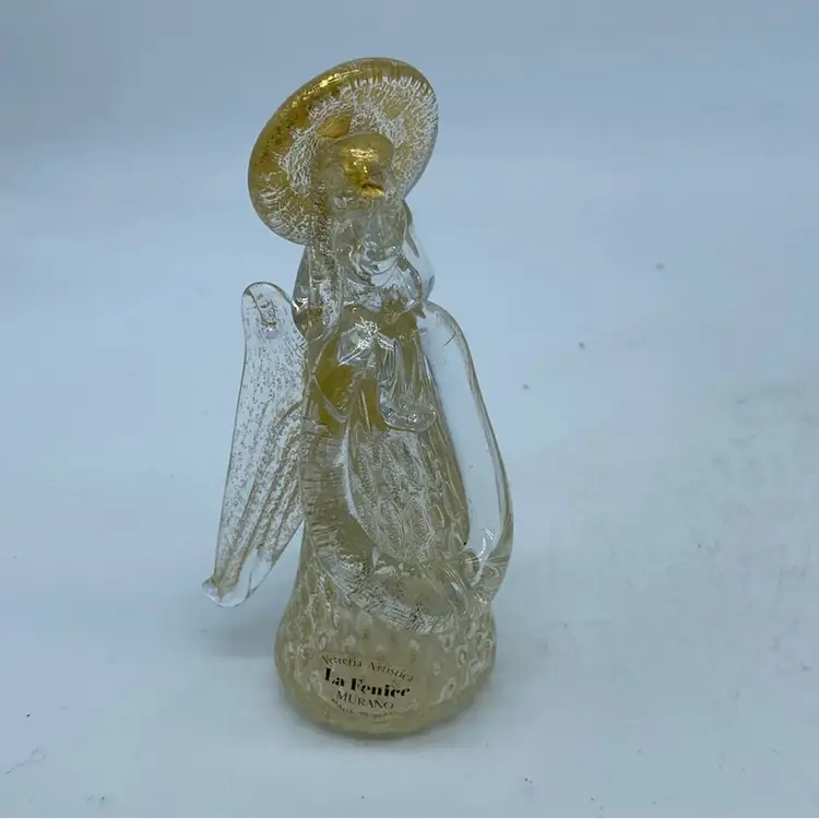Art Glass Murano Angel 5” A clear Murano art glass angel figurine with gold inclusions by La Fenice.