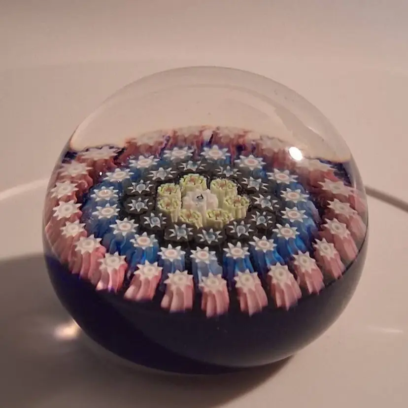 Vintage Perthshire Blue Glass Micro Millefiori Paperweight w/Center P Cane