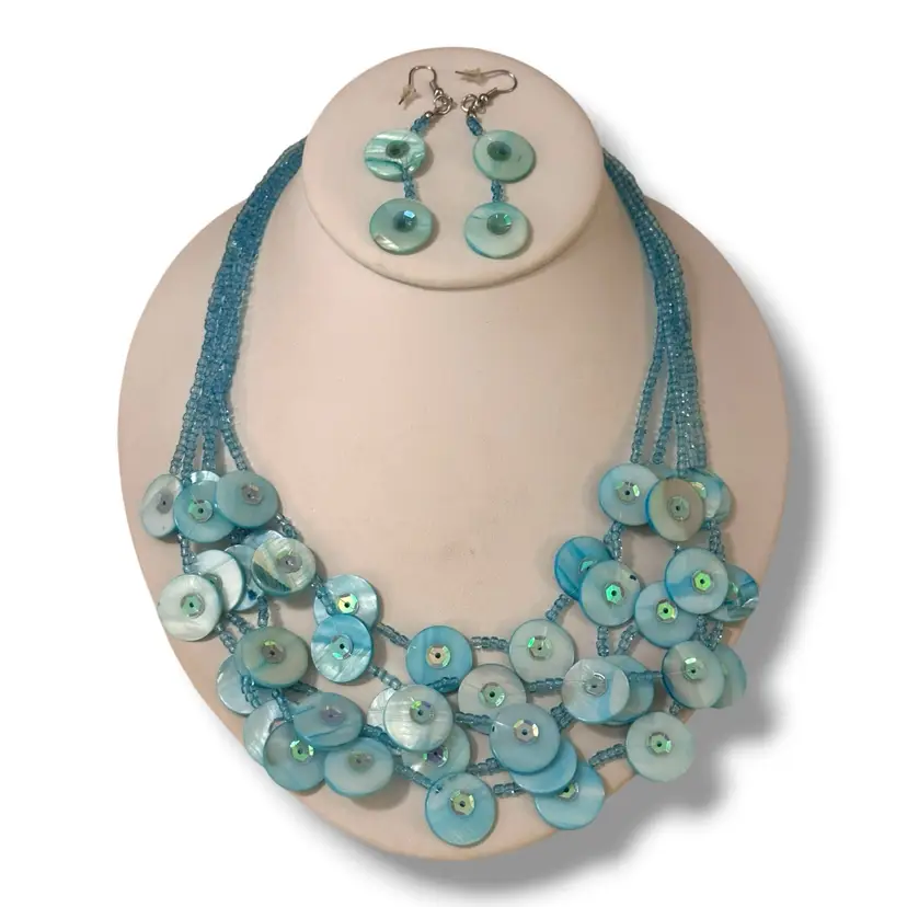 Beautiful Ocean Blue Mother of Pearl Button Necklace & Pierced Earrings. Adjustable Length.
