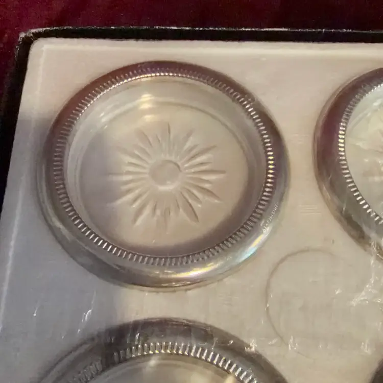 Set of 4 Vintage Crystal & Silverplated Coasters by LEONARD SILVER MFG, Italy