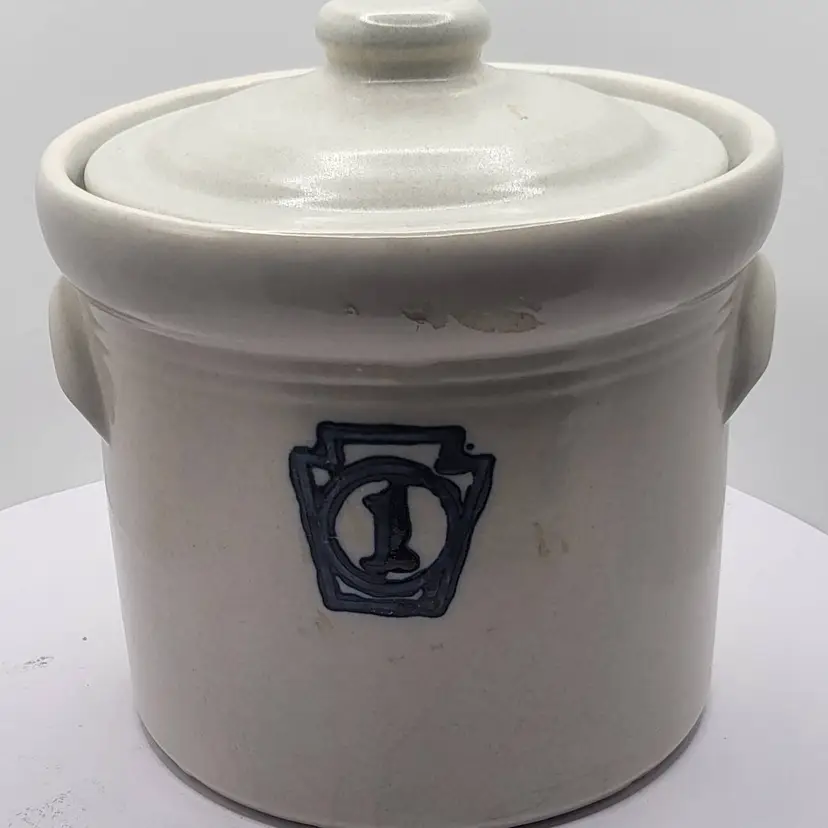 Vintage Salt Glazed Stoneware Crock/Cannister with Lid and Keystone Logo #1 Platzgraff Yorktowne read description