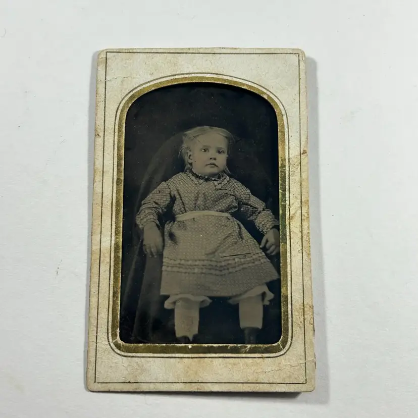 Tintype Young Blonde Girl in Checked Dress Sitting Paper Sleeve Frame