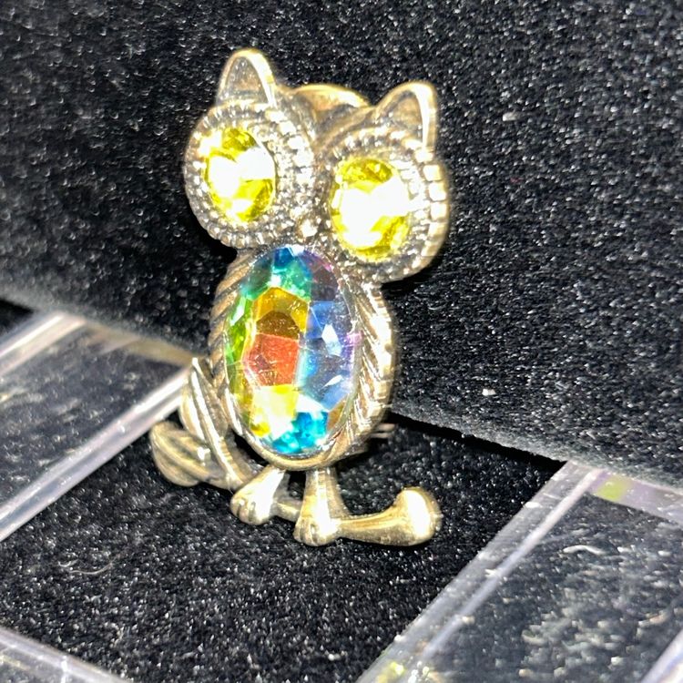 Owl Brooch With Aurora Borealis Stones
