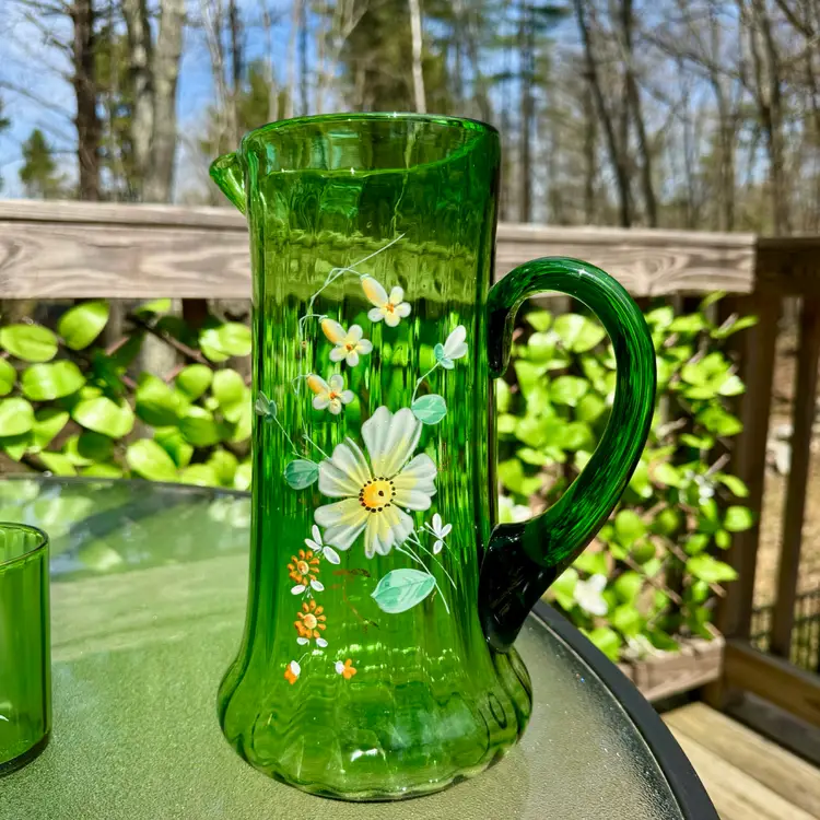 Antique Victorian Hand-Blown Green Glass Lemonade Set *CALL OUT*