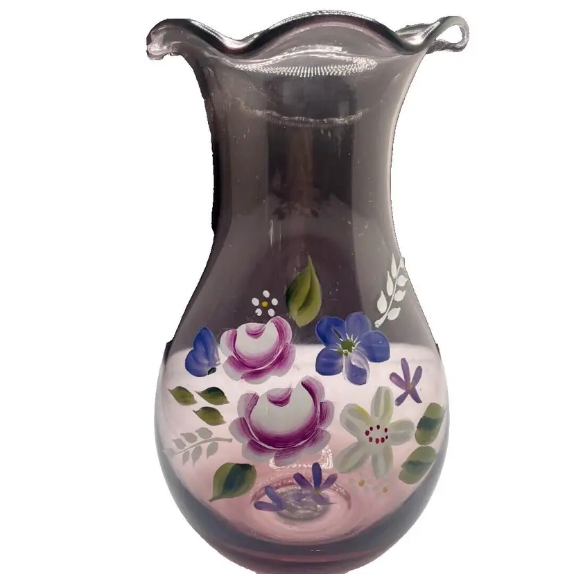 Vintage Fenton Amethyst Glass Vase Hand Painted Hand Blown for Teleflora