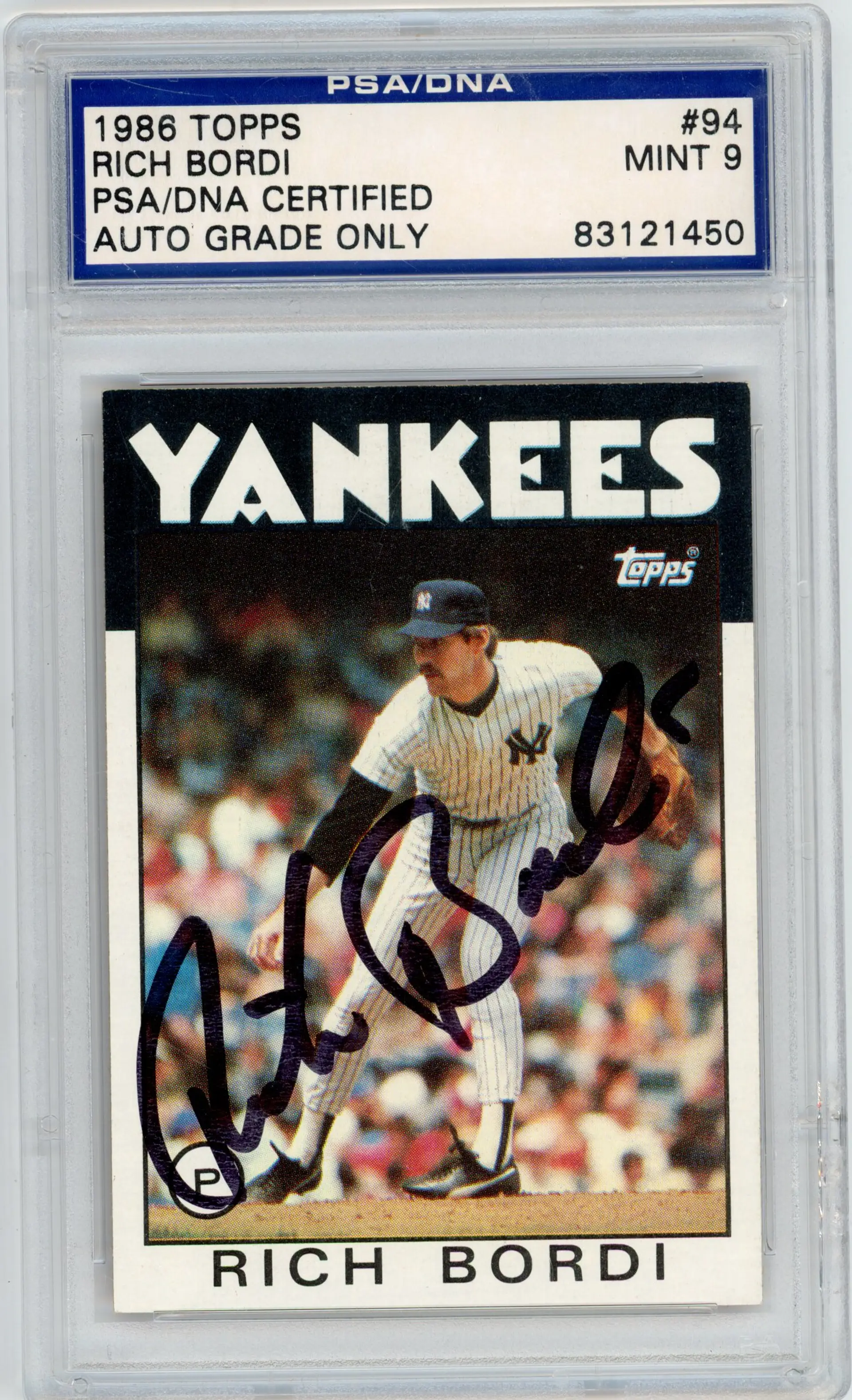 1986 Topps RICH BORDI Auto #94 YANKEES PSA/DNA Certified 9 MINT
