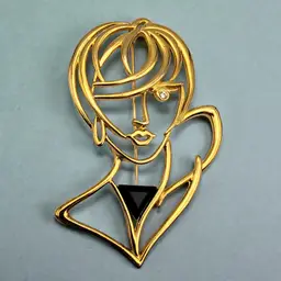 Lady's Face Head Openwork Cutout Winking Rhinestone Eye Gold Tone JJ Pin Brooch