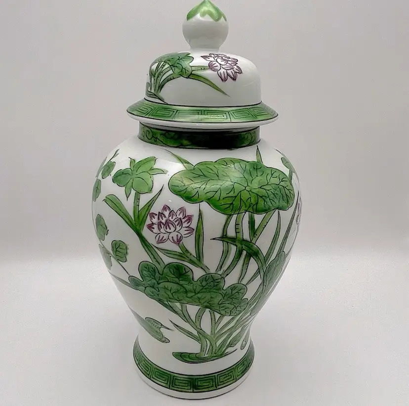 Ceramic Urn w/ Lid, Birds, Purple/White Water Flowers, Greek Key Design, Made In Japan