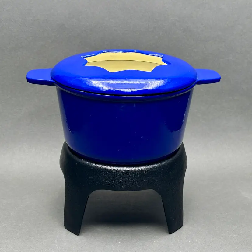 Vintage Benjamin & Medwin Homestead Collection Cobalt Blue Enameled Cast Iron Fondue Pot with Stand