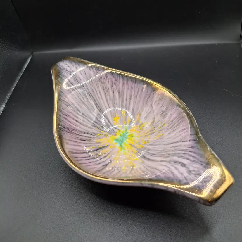 Vintage German Ceramic Leaf Dish With Floral Design Gold Purple Accents