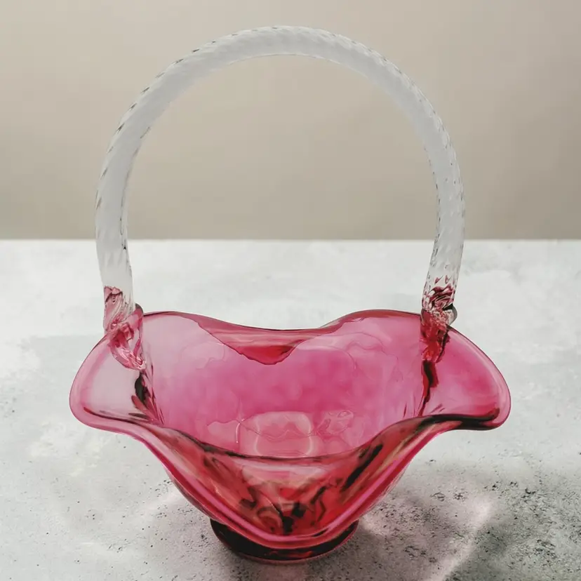 Pilgrim Cranberry Optic Ruffled Glass Basket With Clear Twisted Swirl Handle Vtg
