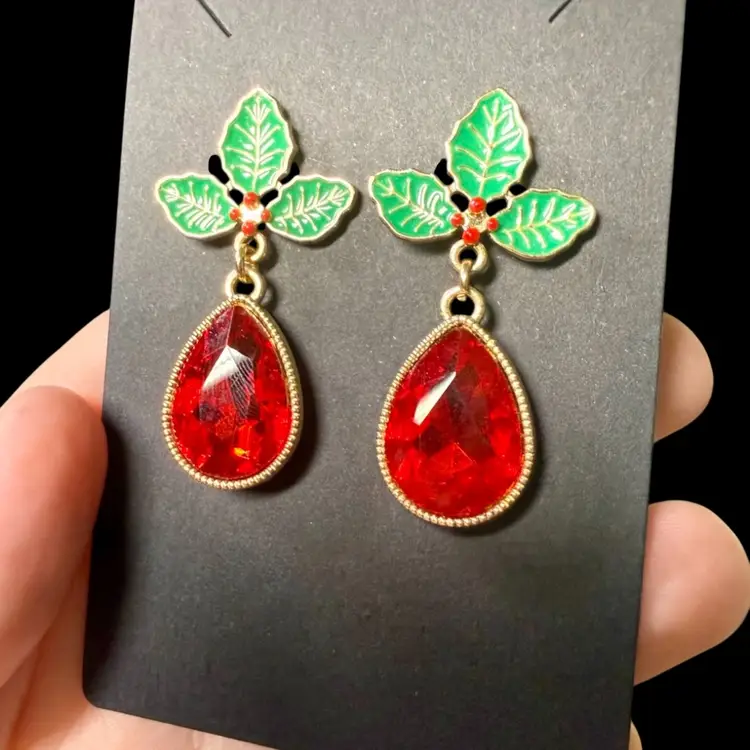 Christmas Enamel Holly Berry Gold Tone Dangle Post Earrings, RED Stone