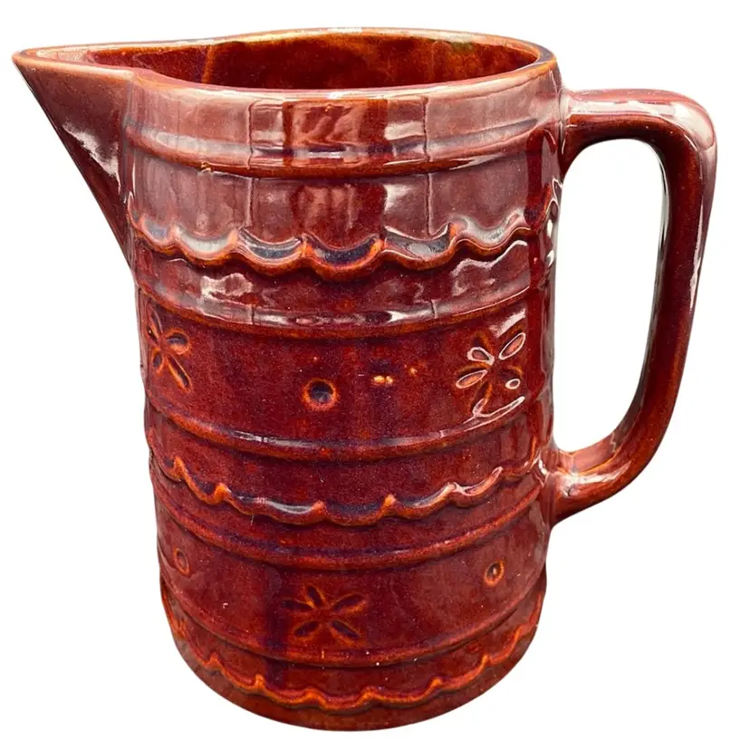 Vintage Brown MarCrest Large Stoneware Pitcher, Daisy & Dot Pattern, 8”