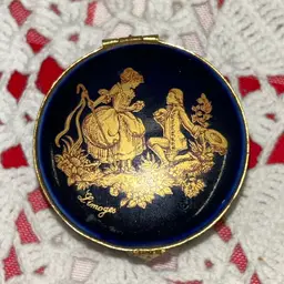 Vintage Limoges Castel 22K Gold And Cobalt Blue Trinket Box. Limoges French Porcelain Hinged Lid Box With Gilt Decoration.