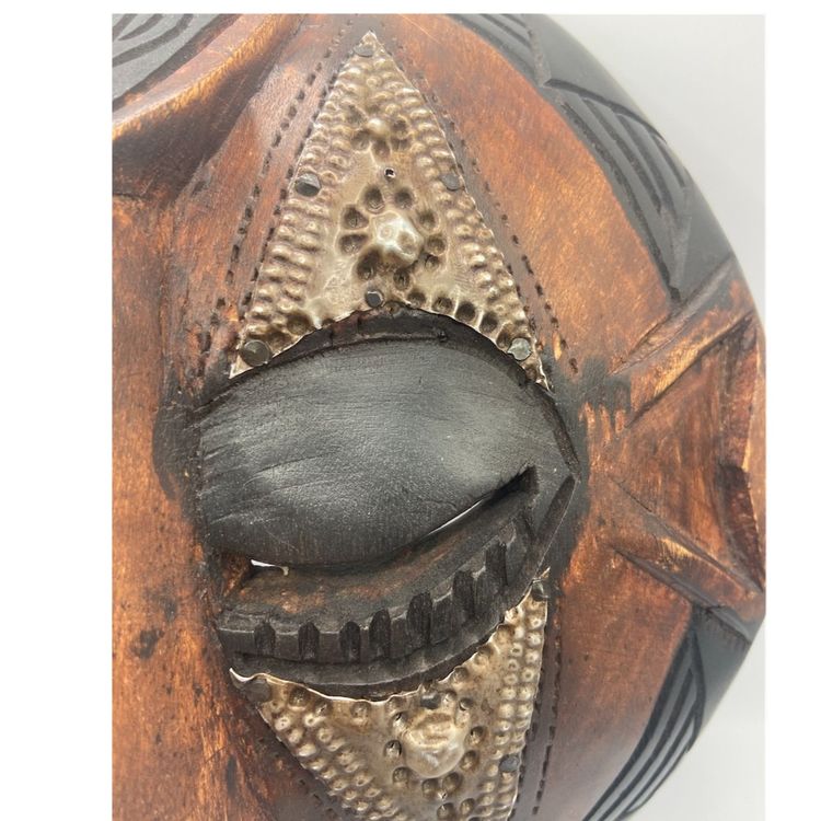 Hand carved Wooden West African Tribal Ceremonial Spiritual Mask With Metal Accents 11”x 9”