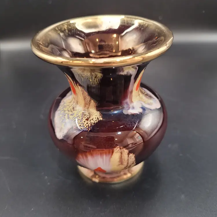 Vtg Jasba Keramik German Pottery Vase Brown Drip Glaze W/Gold Rim 3.25 in Tall