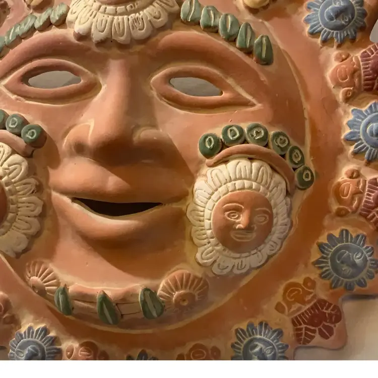 Vintage 13.5”  “Sun God” Wall Hanging Made Of Natural Terracotta Clay And Painted Flower Corn And Sun God Motifs