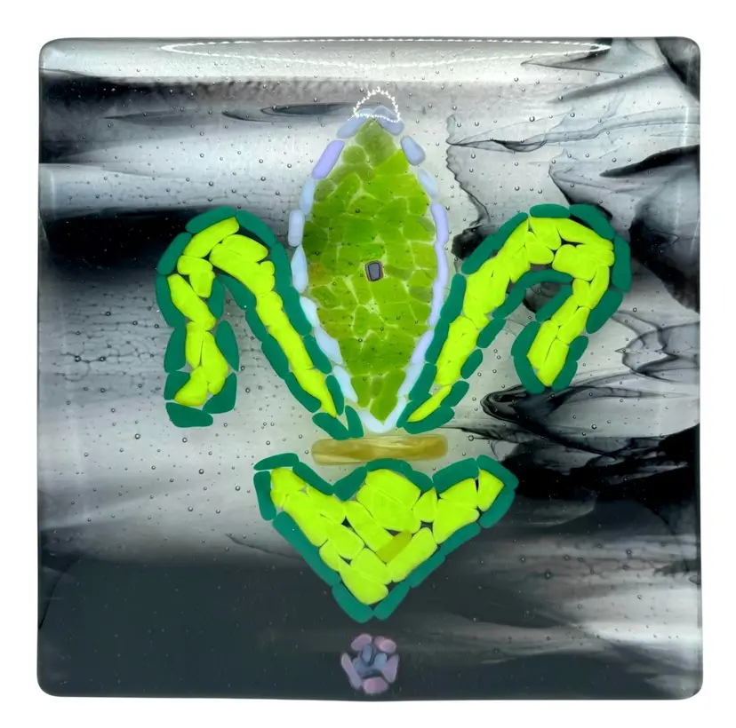 Fused Studio Art Glass Large Square Tile Trivet Fleur De Lis Green Purple Black
