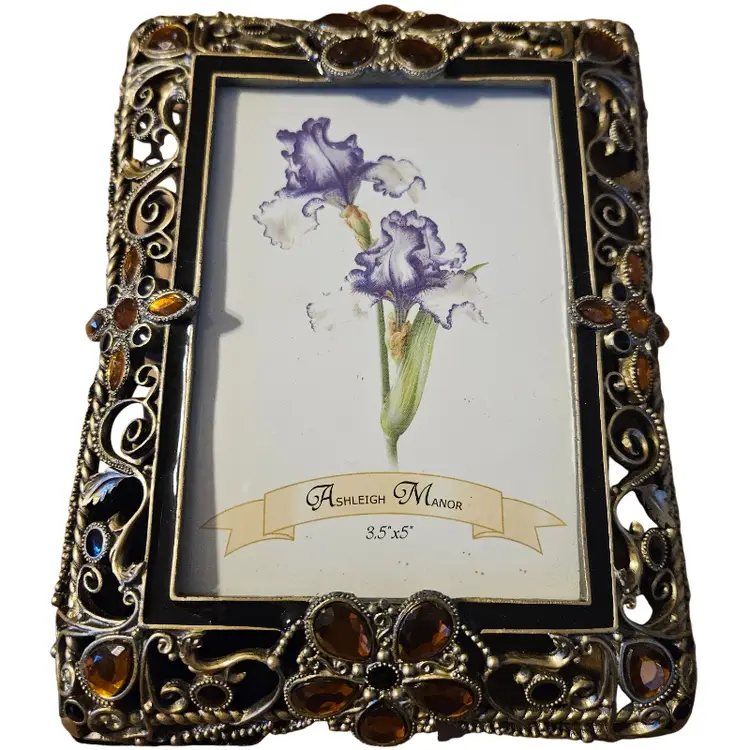 Ashleigh Manor jeweled picture frame in black enamel with amber and blue crystal accents