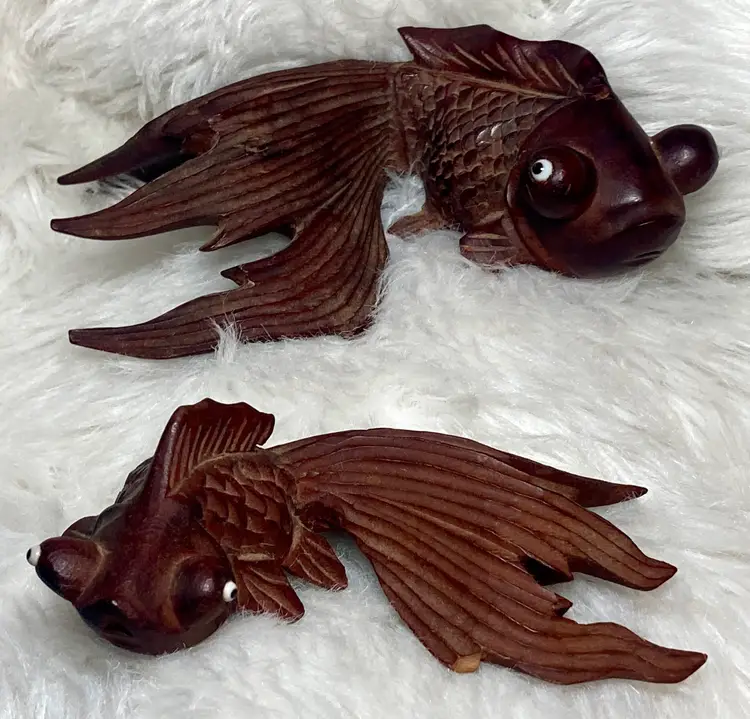 Vintage Rosewood Asian Carved Koi Fish Pair (2) Sculptures Good Luck