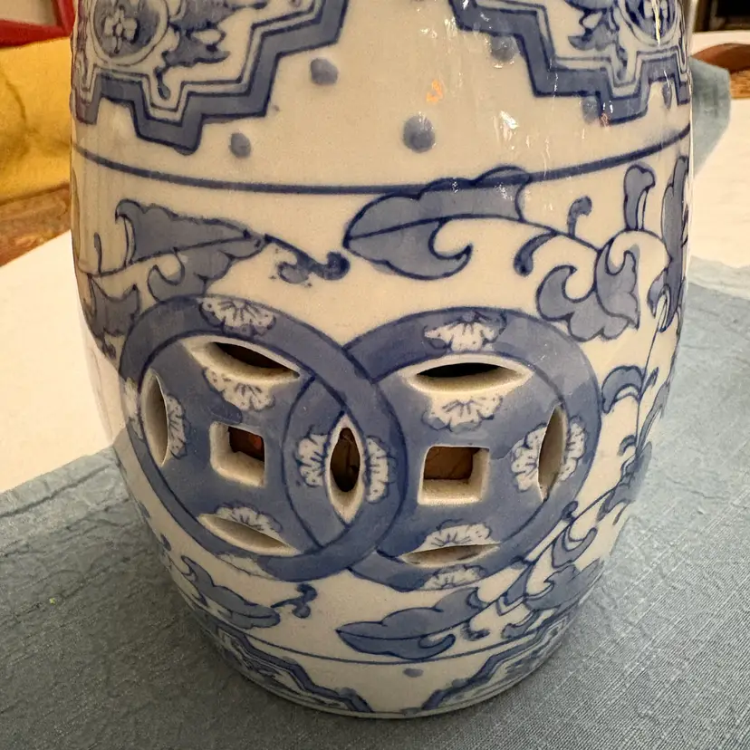 Rare Blue White Porcelain Chinoiserie Garden Seat Potpourri Jar Plant Stand 6"