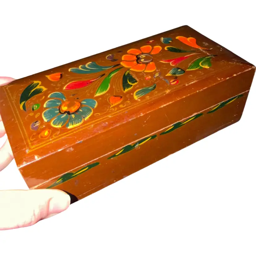 Keepsake wooden Box, European, hand painted flowers Jewelry Trinket Box Hinges Are Broken