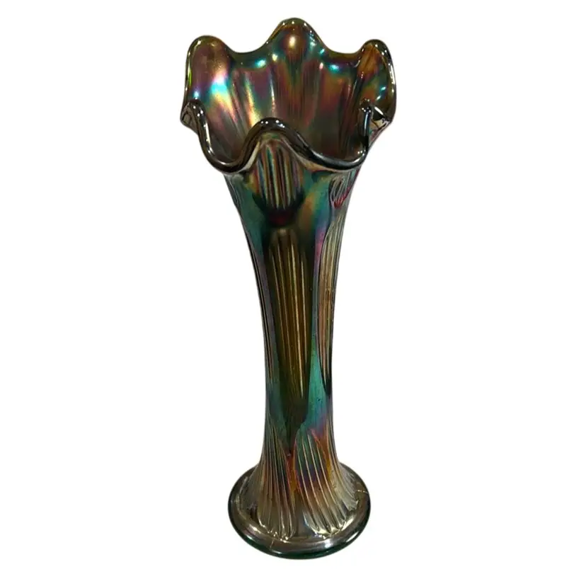 Vintage Fenton Oil Slick Rare Green Carnival Glass Thumbprint Stretched Ribbed Swung Vase  - 11”